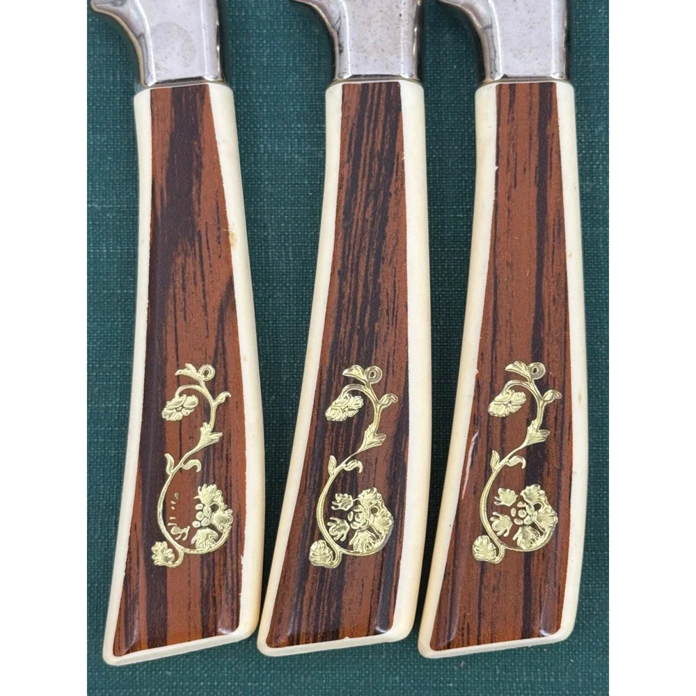 Vintage Lifetime Cutlery Sheffield England 15pc MCM Gold Floral Faux Wood Handle